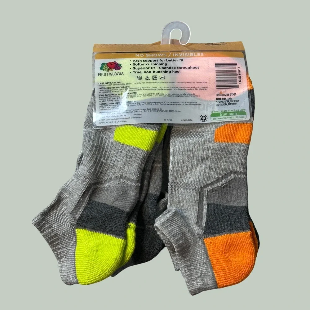 Fruit of the Loom Socks Boys L Grey 6PK No Show Invisible Moisture Management